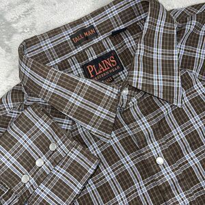 Plains‎ Western Wear Mens XXLT Brown Plaid Long Sleeve Pearl Snap Tall Man EUC